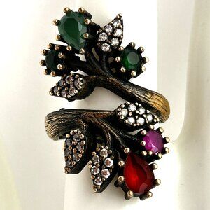 925 Sterling Silver Multi-Stone Floral Branch Statement Ring Size 7 Oxidized